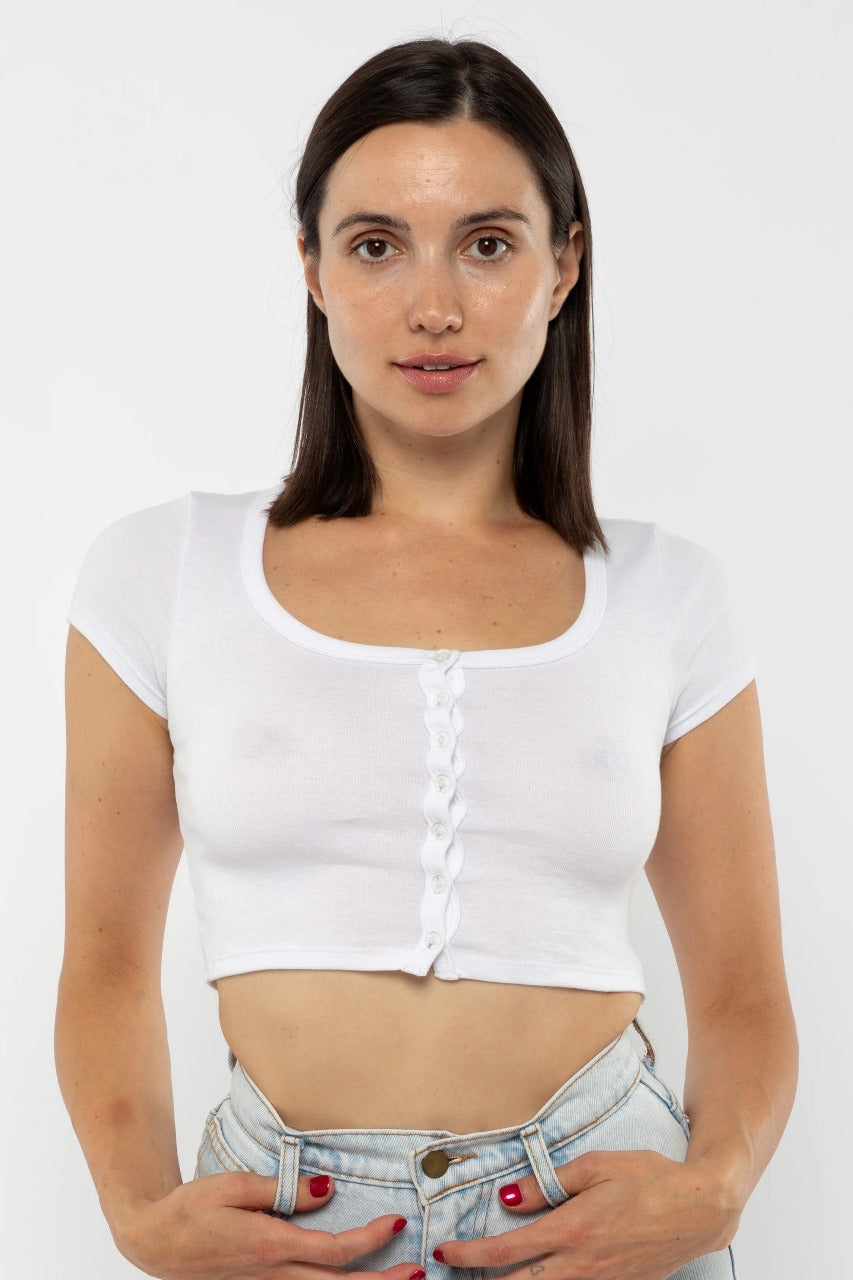 LA Apparel 4305 - Baby Rib Short Sleeve Button Up Crop Top