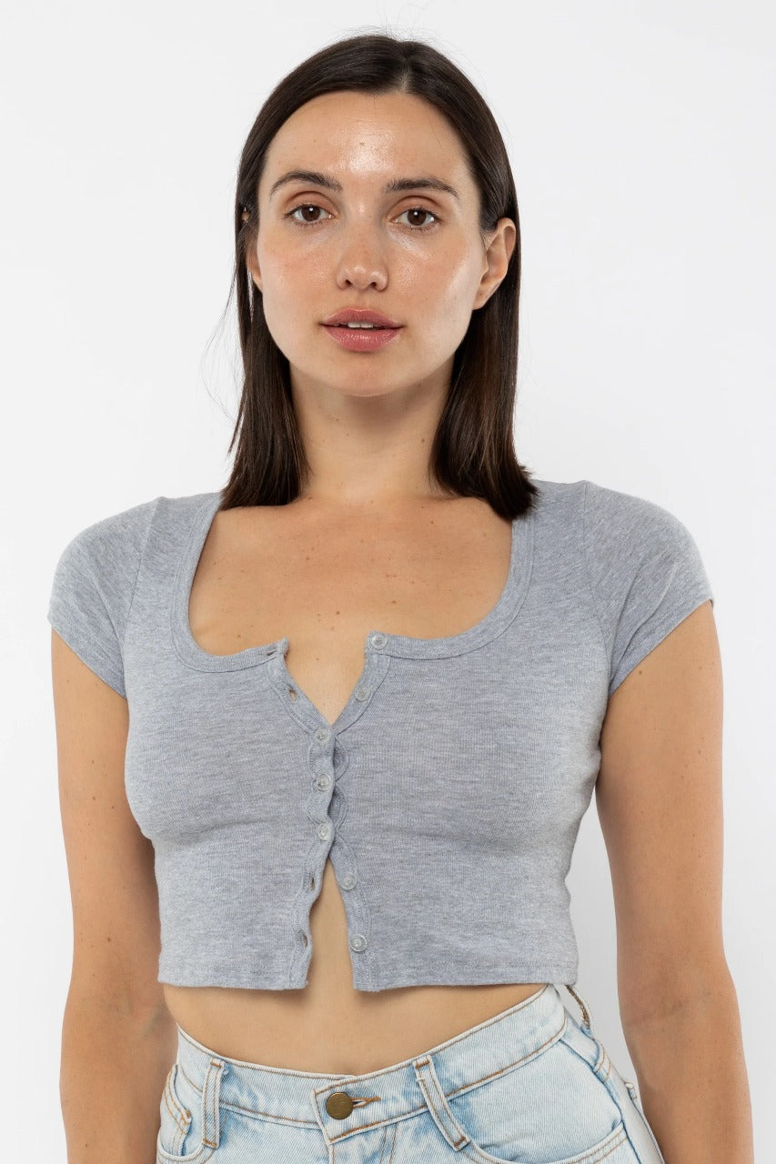 LA Apparel 4305 - Baby Rib Short Sleeve Button Up Crop Top