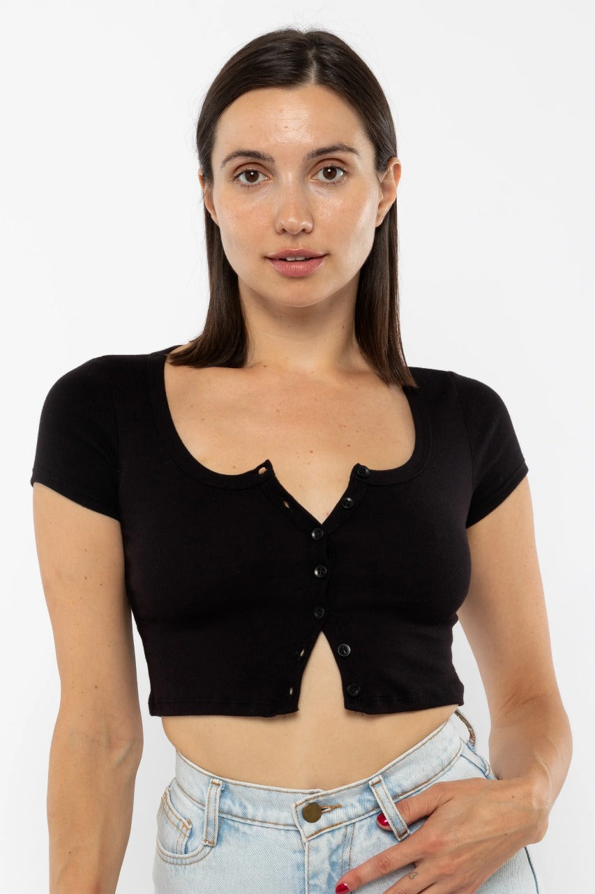 LA Apparel 4305 - Baby Rib Short Sleeve Button Up Crop Top